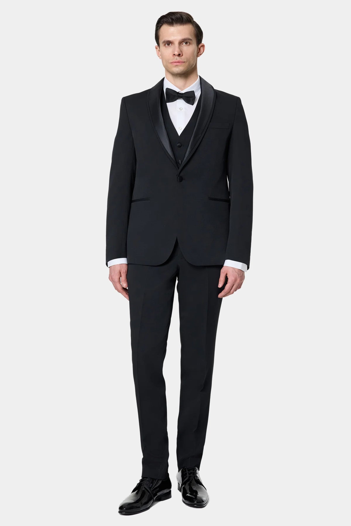 Twn Slim Fit Siyah Düz Smokin Yelekli Takim Elbise