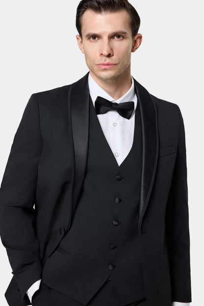 Twn Slim Fit Siyah Düz Smokin Yelekli Takim Elbise