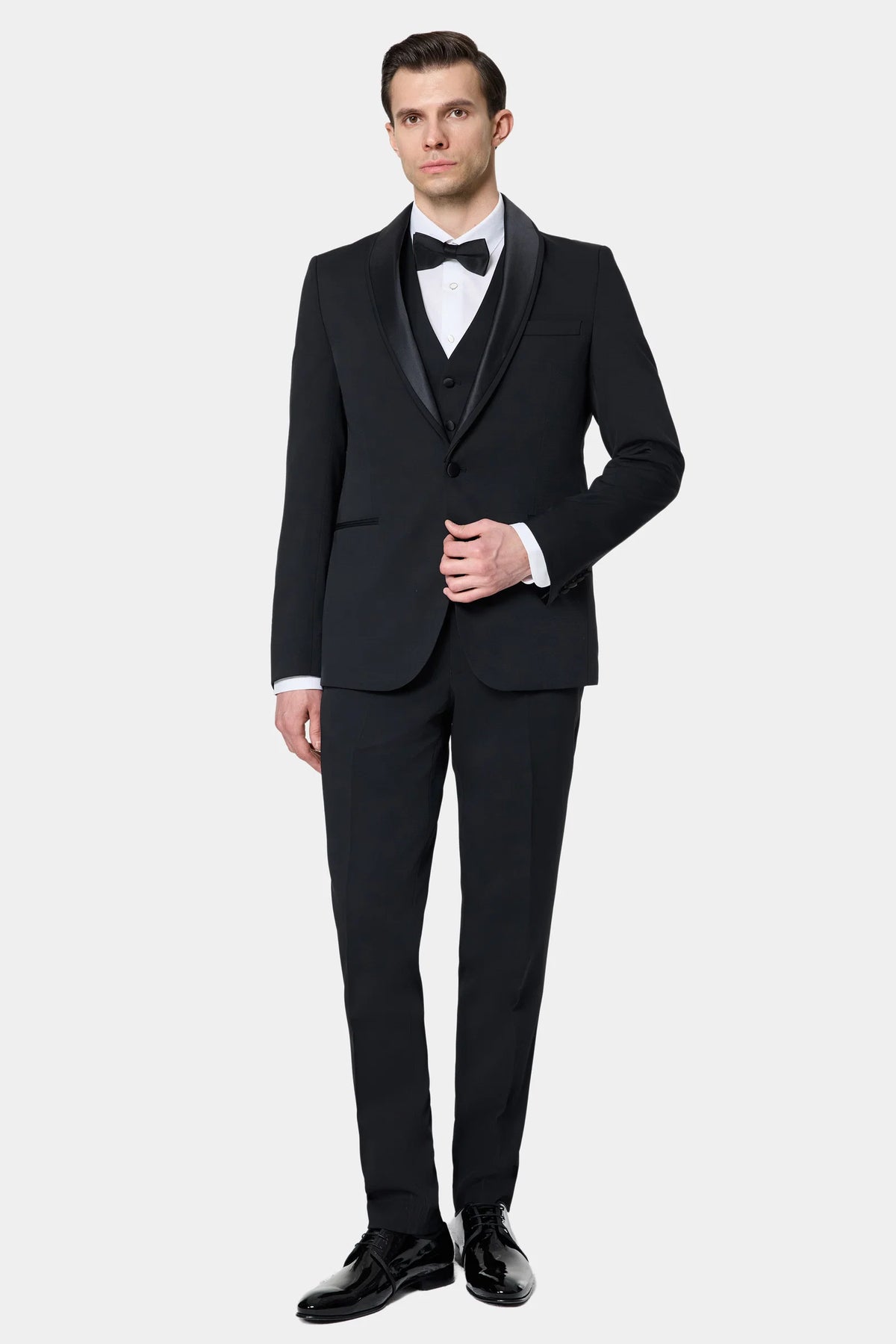 Twn Slim Fit Siyah Düz Smokin Yelekli Takim Elbise