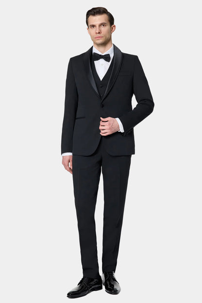 Twn Slim Fit Siyah Düz Smokin Yelekli Takim Elbise