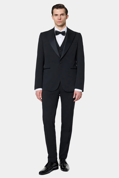 Twn Slim Fit Siyah Düz Smokin Yelekli Takim Elbise