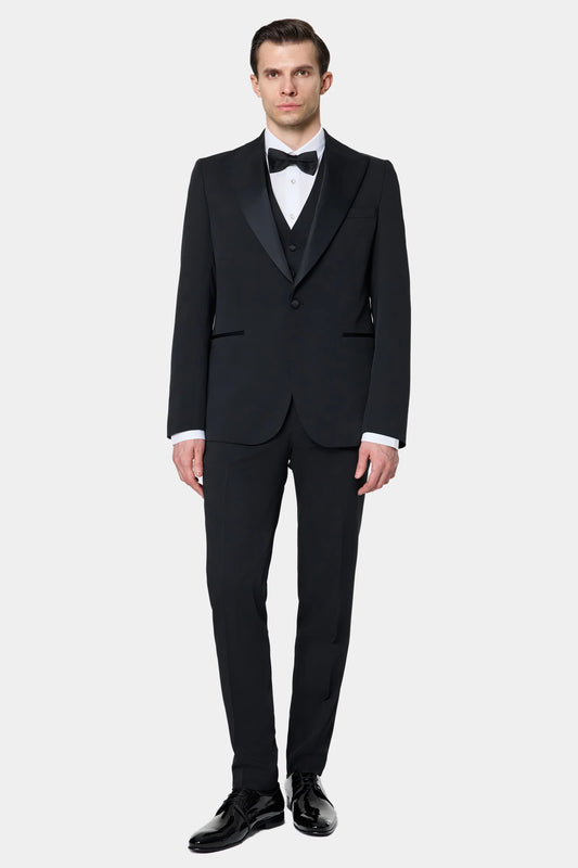 Twn Slim Fit Siyah Düz Smokin Yelekli Takim Elbise