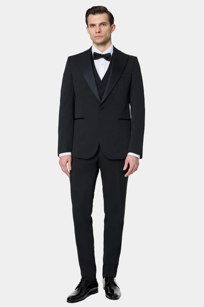 Twn Slim Fit Siyah Düz Smokin Yelekli Takim Elbise