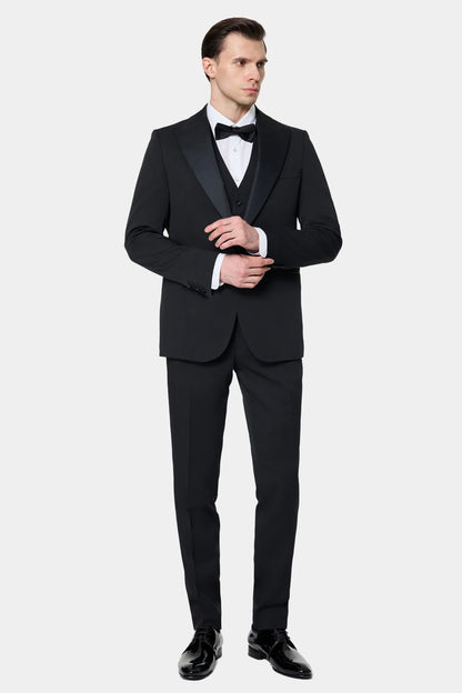 Twn Slim Fit Siyah Düz Smokin Yelekli Takim Elbise