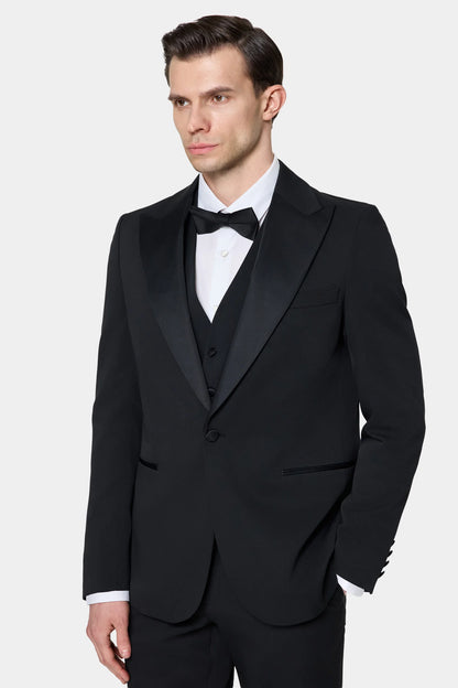 Twn Slim Fit Siyah Düz Smokin Yelekli Takim Elbise