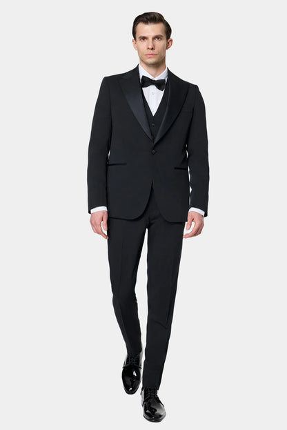 Twn Slim Fit Siyah Düz Smokin Yelekli Takim Elbise