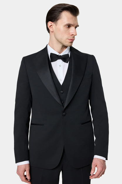 Twn Slim Fit Siyah Düz Smokin Yelekli Takim Elbise