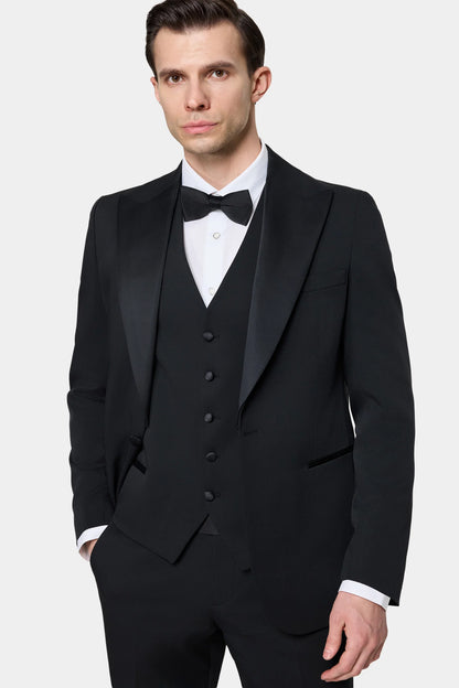 Twn Slim Fit Siyah Düz Smokin Yelekli Takim Elbise