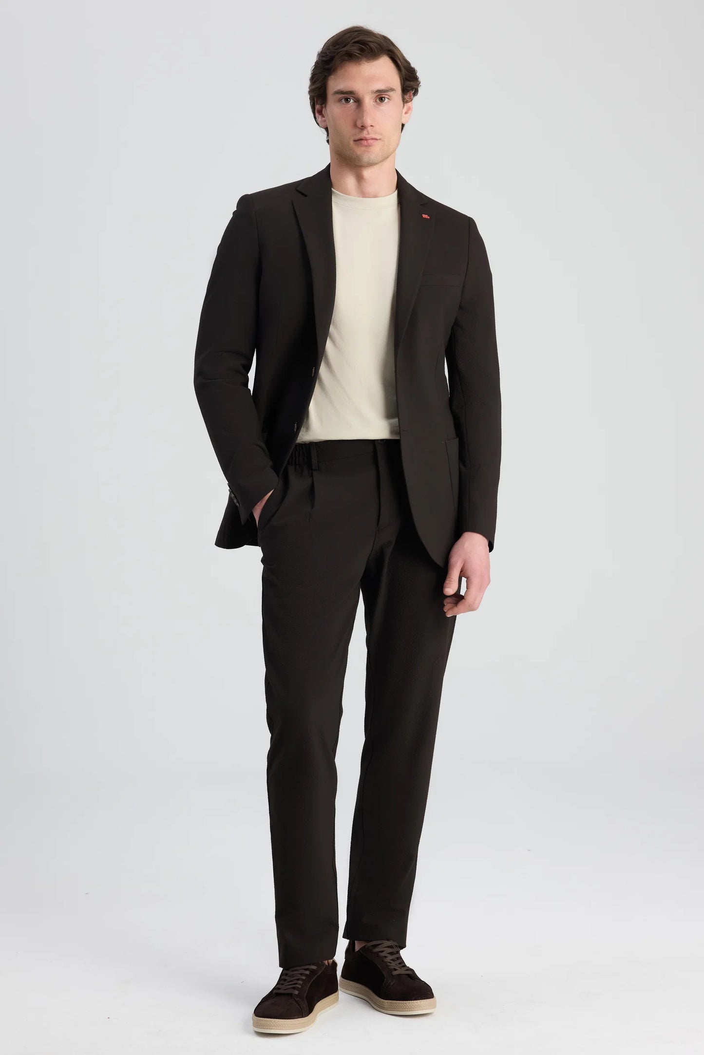 Twn Slim Fit Kahverengi Armürlü Ceket+ Pantolon Kumaş Ceket