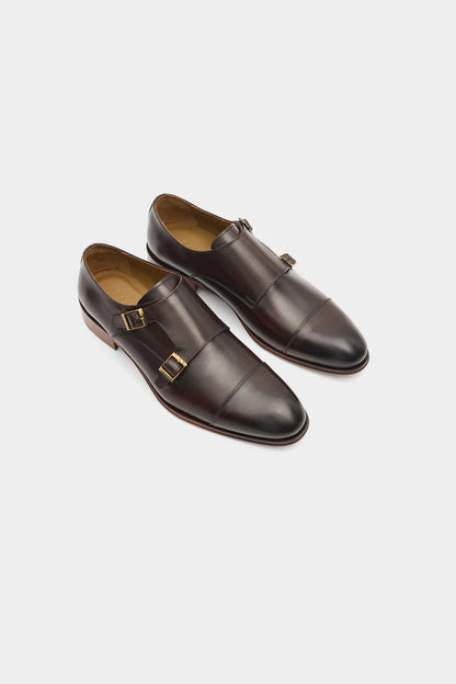 Damat Kahverengi Hakiki Deri Çift Tokalı Monk Strap Ayakkabı
