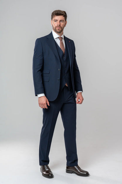 Ds Damat Slim Fit Lacivert Armürlü Takim Elbise Yelekli