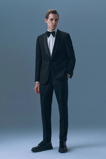 Tween Slim Fit Siyah Düz Yün Karişimli Damatlık &amp; Smokin Takim