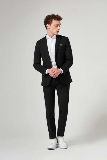Tween Slim Fit Siyah Düz Yünlü Bi Stretch Takim Elbise
