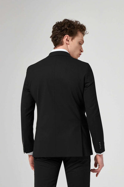 Tween Slim Fit Siyah Düz Yünlü Bi Stretch Takim Elbise