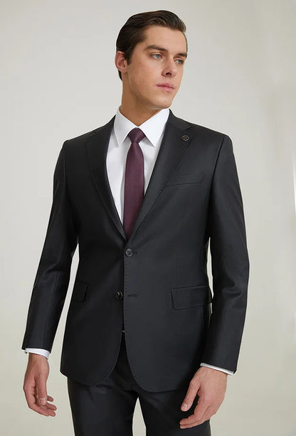 Damat Slim Fit Siyah Düz Superfine Wool Takim Elbise