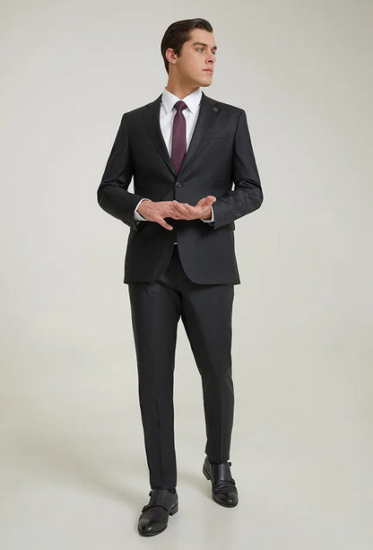 Damat Slim Fit Siyah Düz Superfine Wool Takim Elbise