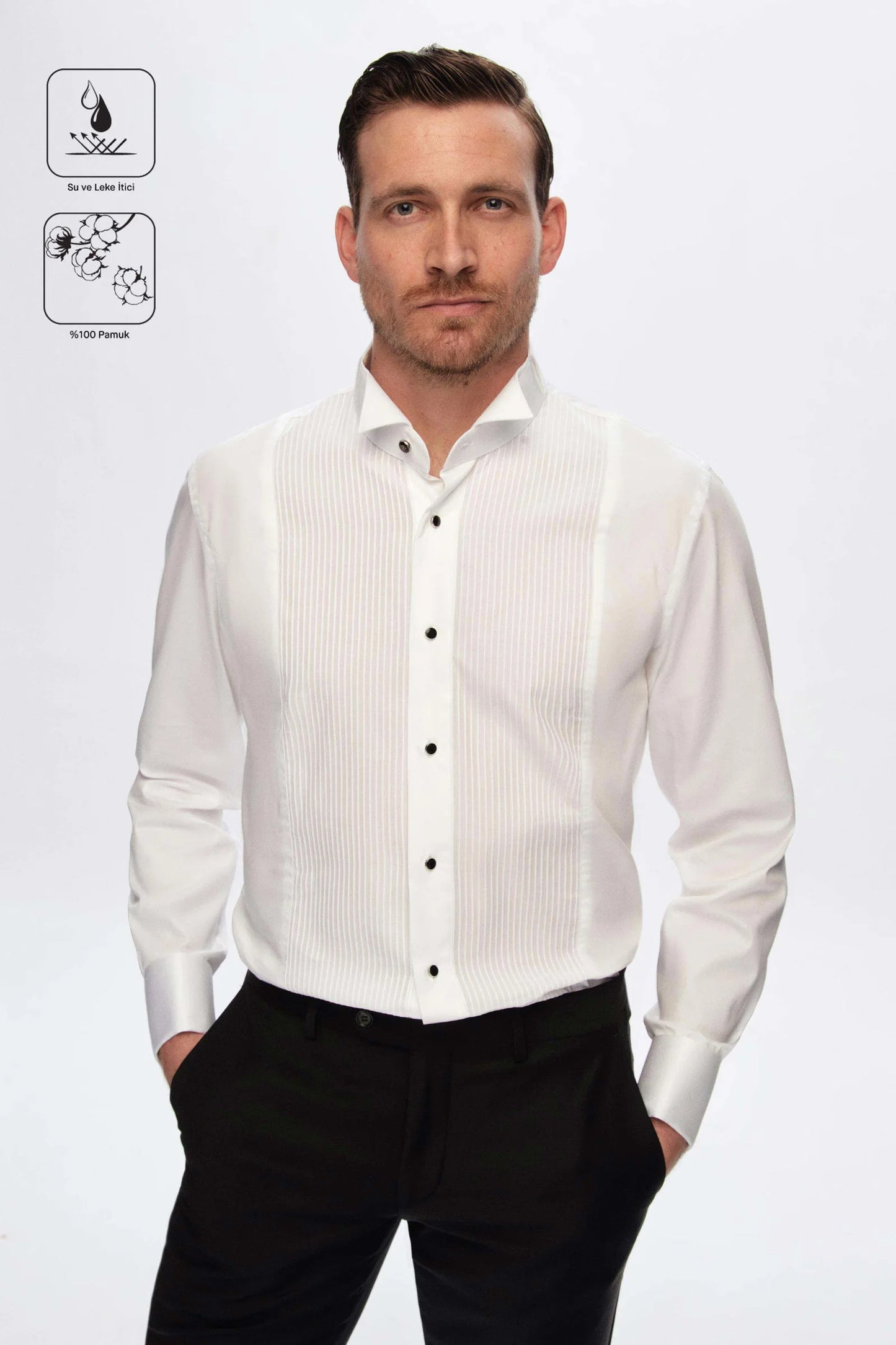 Damat Slim Fit Beyaz Jakar Desenli Smokin Gömlek