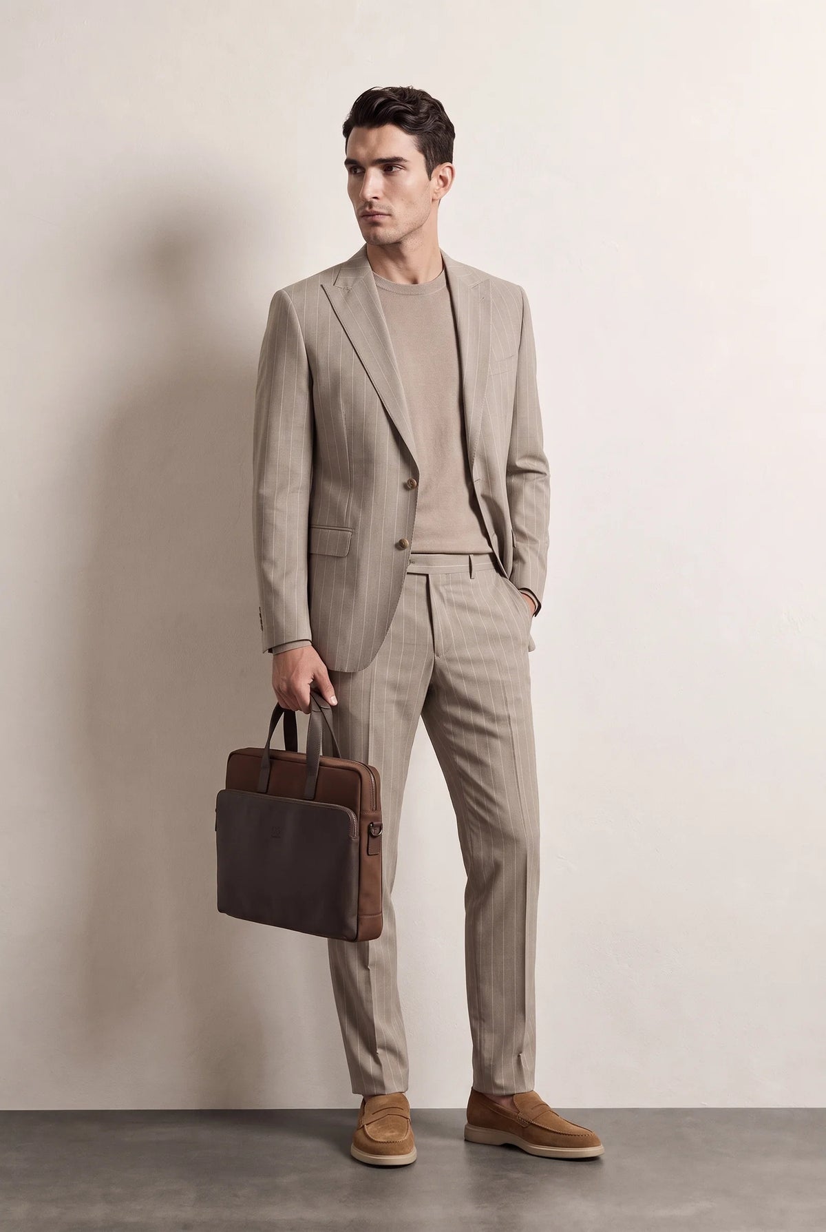 Twn Slim Fit Bej Çizgili Takim Elbise