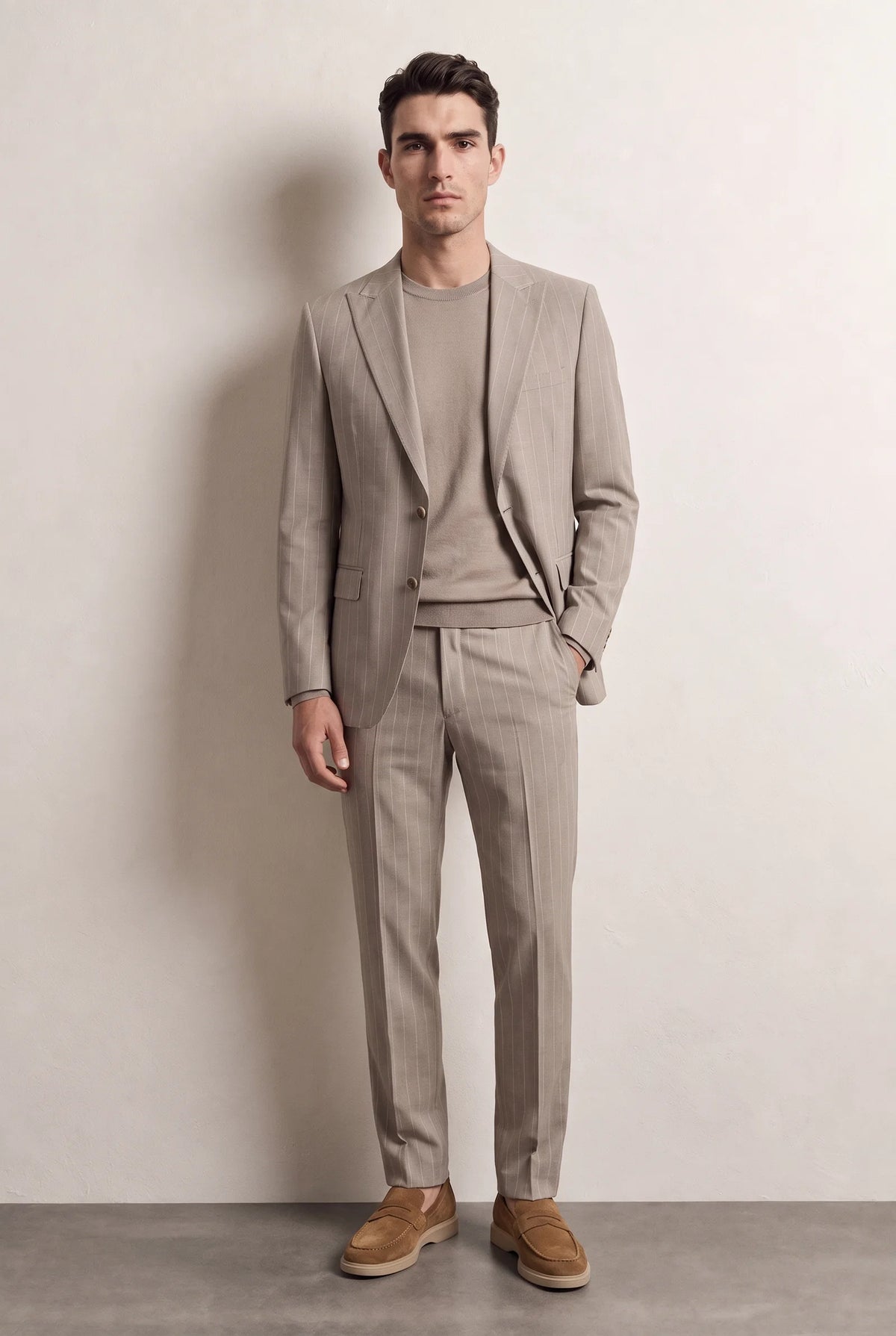 Twn Slim Fit Bej Çizgili Takim Elbise