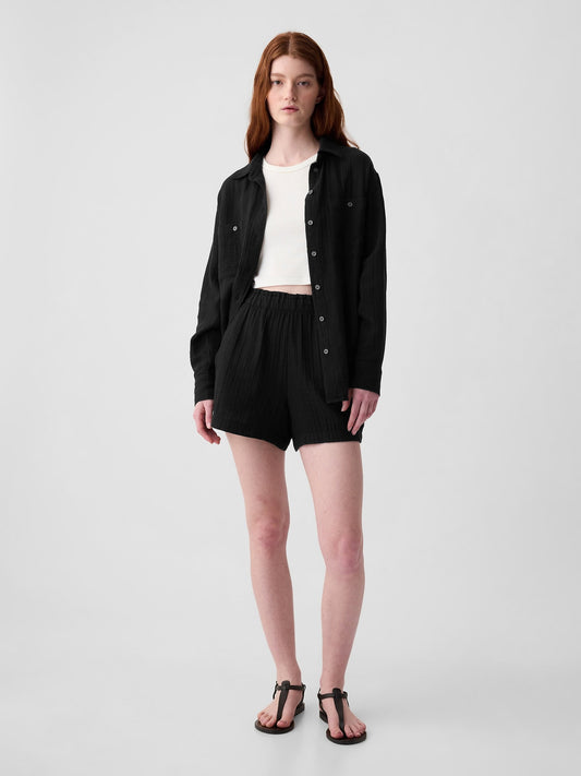 Siyah Crinkle Gauze Pull-on Şort