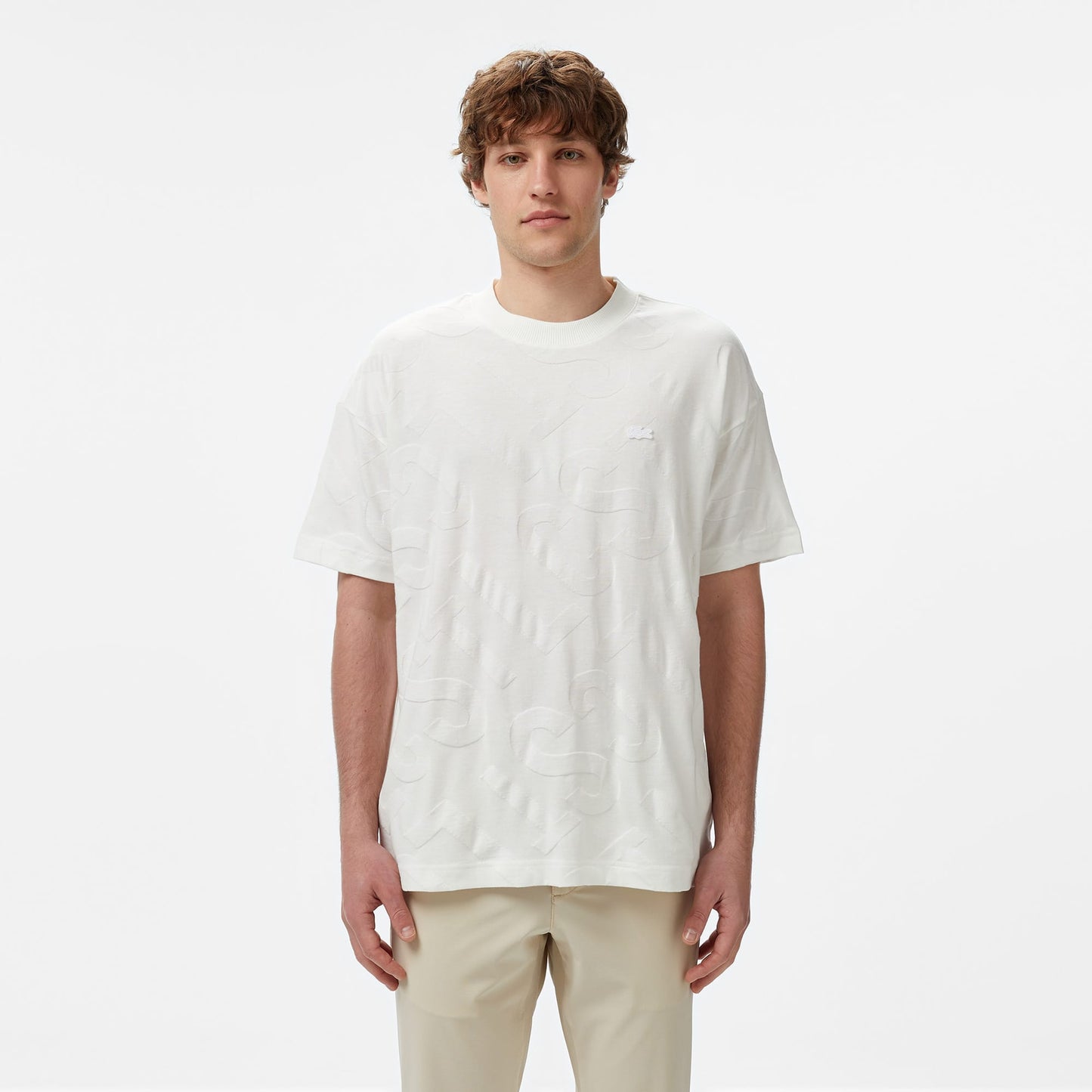 Lacoste Erkek Bisiklet Yaka Desenli Beyaz T-shirt