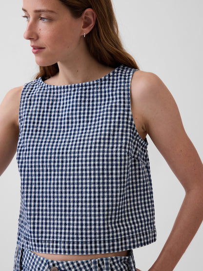 Lacivert Gingham Denim Crop Shell Kolsuz Üst
