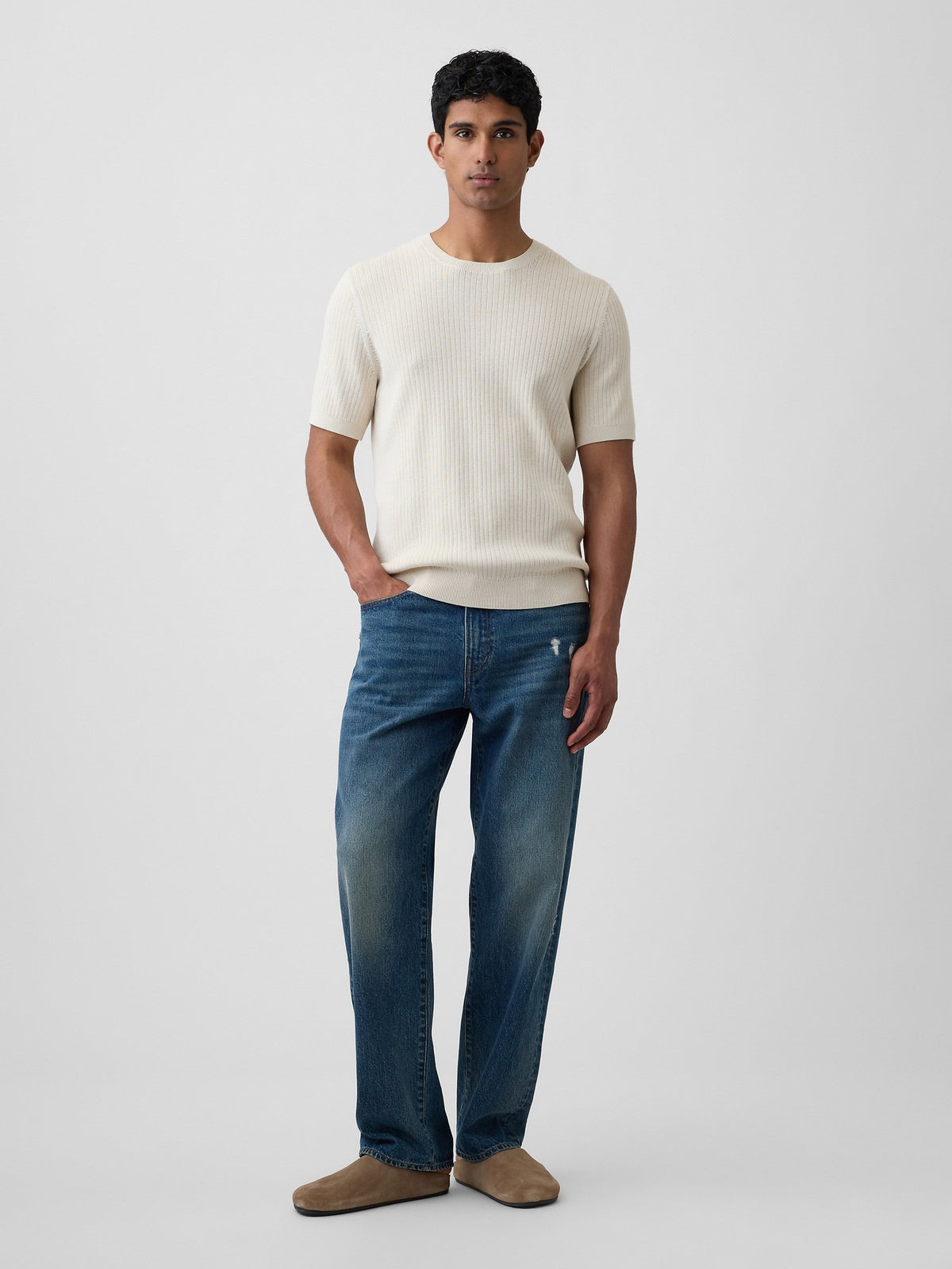 Krem Ribbed Bisiklet Yaka Triko T-shirt