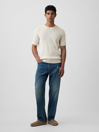 Krem Ribbed Bisiklet Yaka Triko T-shirt