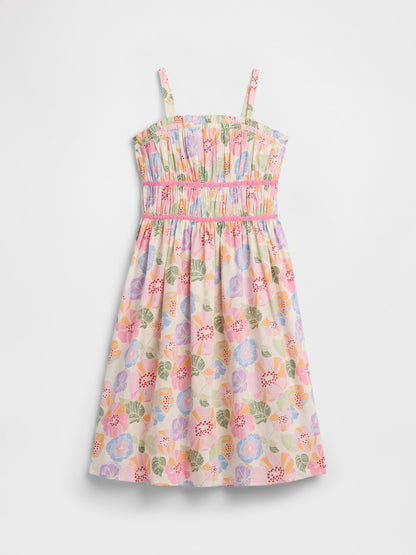Çok Renkli Baskılı Smocked Midi Elbise