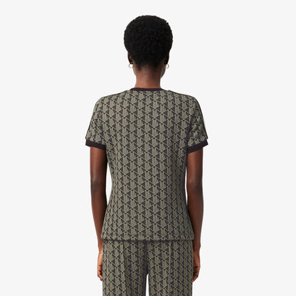 Lacoste Kadın Slim Fit Bisiklet Yaka Monogram Kahverengi T-shirt