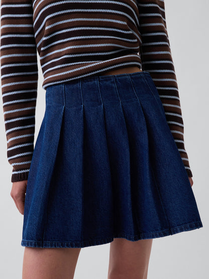 Koyu Mavi Denim Pileli Mini Etek