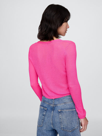 Pembe Transparan Fitilli Bağcıklı Crop Triko Hırka
