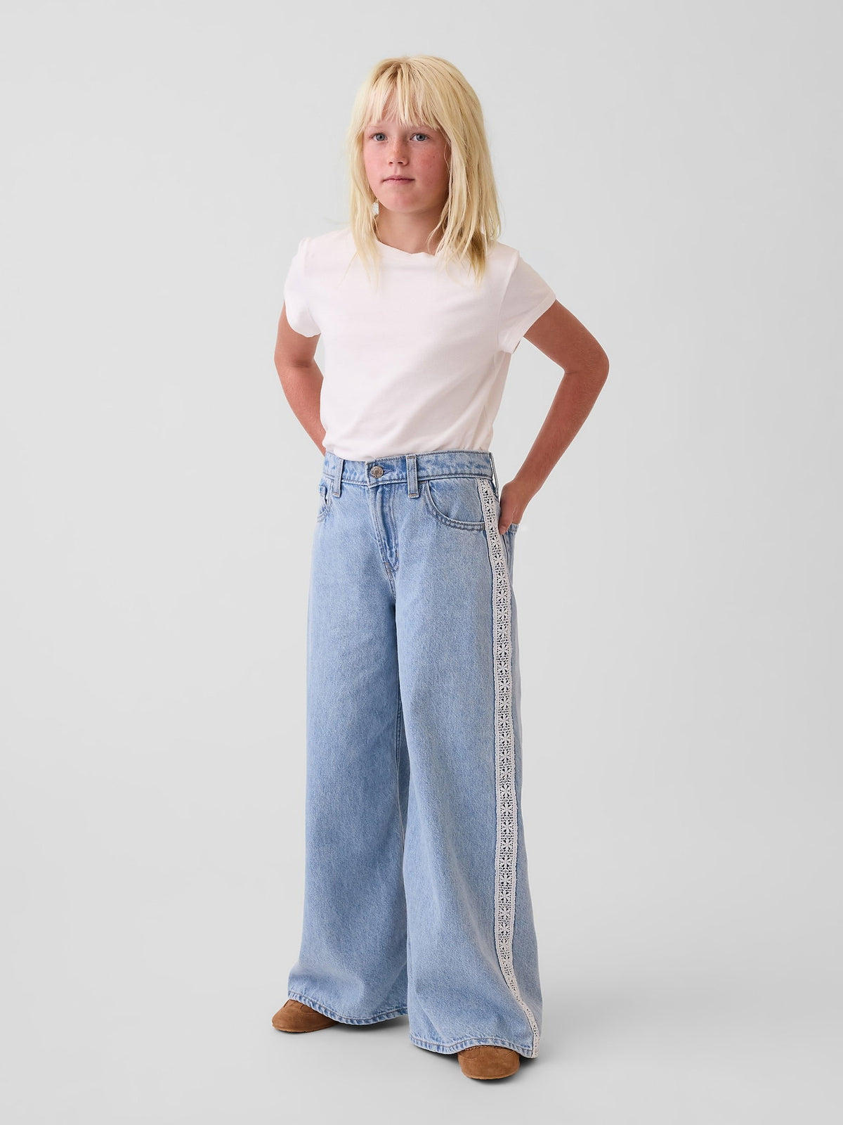 Açık Mavi Kids Low Rise Lace-trim Baggy Jean Pantolon