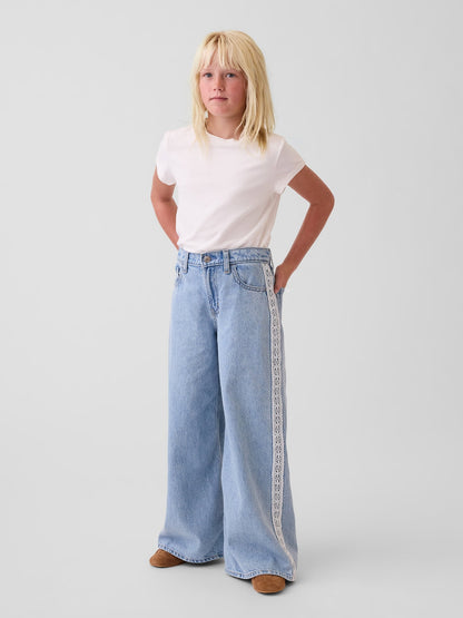 Açık Mavi Kids Low Rise Lace-trim Baggy Jean Pantolon