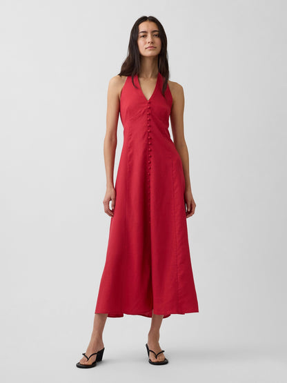 Kırmızı Keten Karışımlı Halter Maxi Elbise