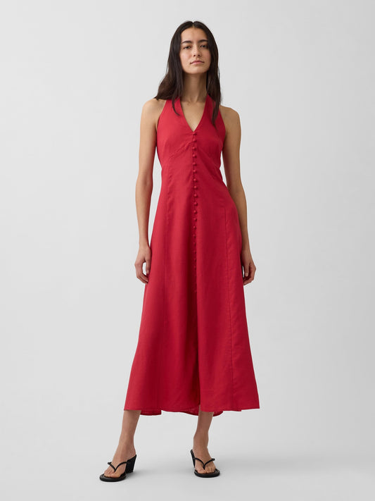 Kırmızı Keten Karışımlı Halter Maxi Elbise