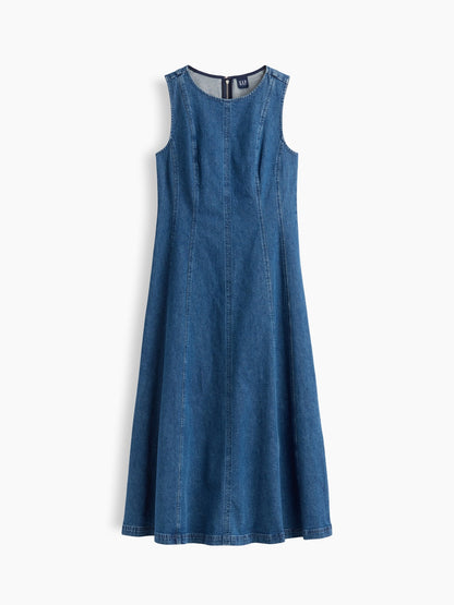 Koyu Mavi Seamed Denim Maxi Elbise