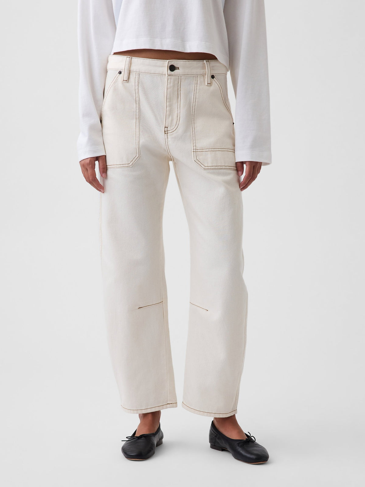Krem Mid Rise Barrel Utility Ankle Pantolon