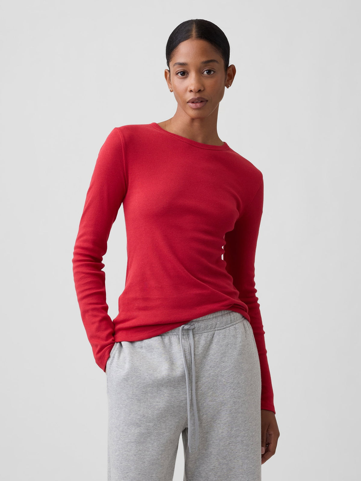 Kırmızı Modern Fitilli Bisiklet Yaka T-shirt
