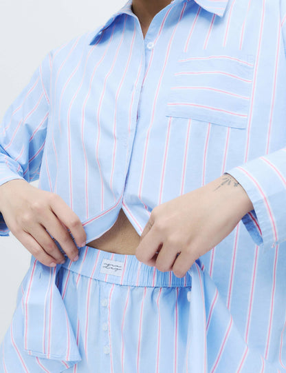 %100 Pamuk Poplin Çizgili Pijama Üstü