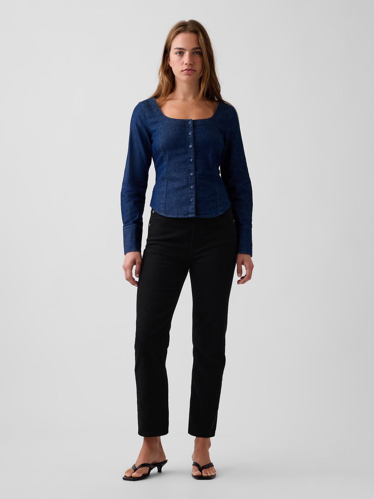 Koyu Mavi Denim Scoop Neck Gömlek