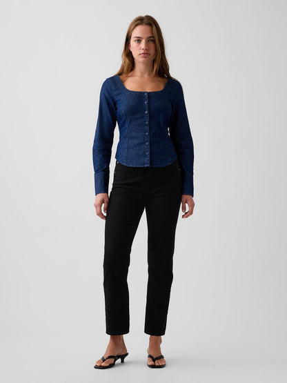 Koyu Mavi Denim Scoop Neck Gömlek