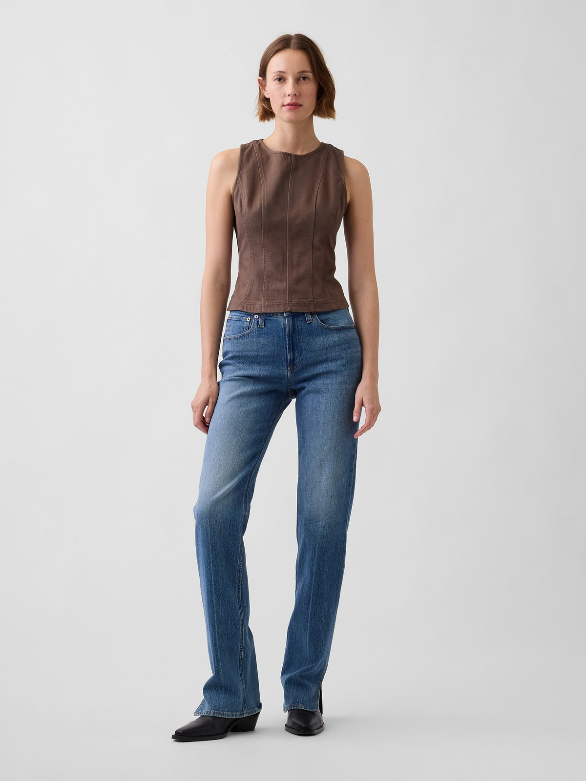Kahverengi Seamed Twill Crop Shell Bluz