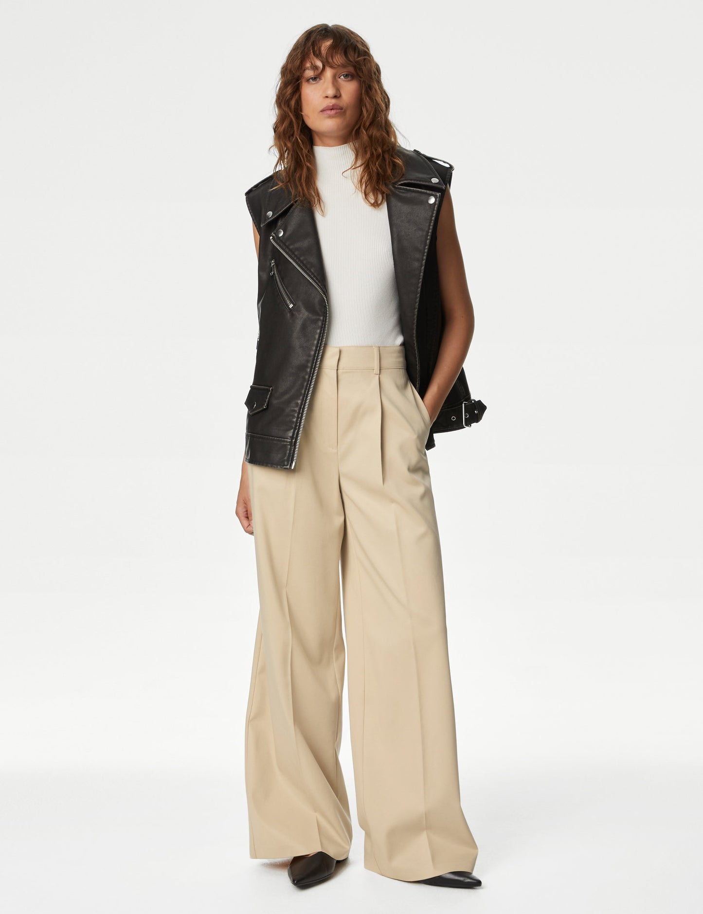 Pile Detaylı Yüksek Bel Wide Leg Pantolon