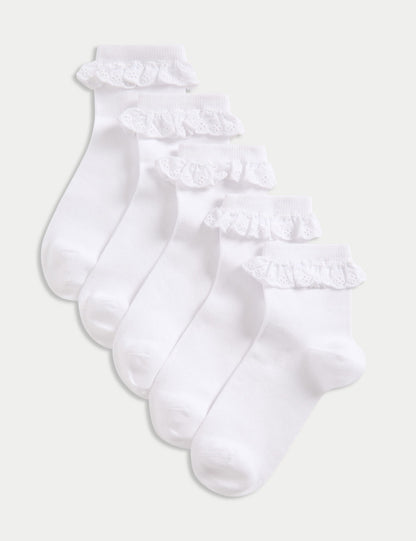 5'li Saf Pamuk Karışımlı Broderie Frill Okul Çorabı