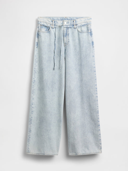 Açık Mavi Mid Rise Ultrasoft Baggy Mikro Kemer Jean Pantolon