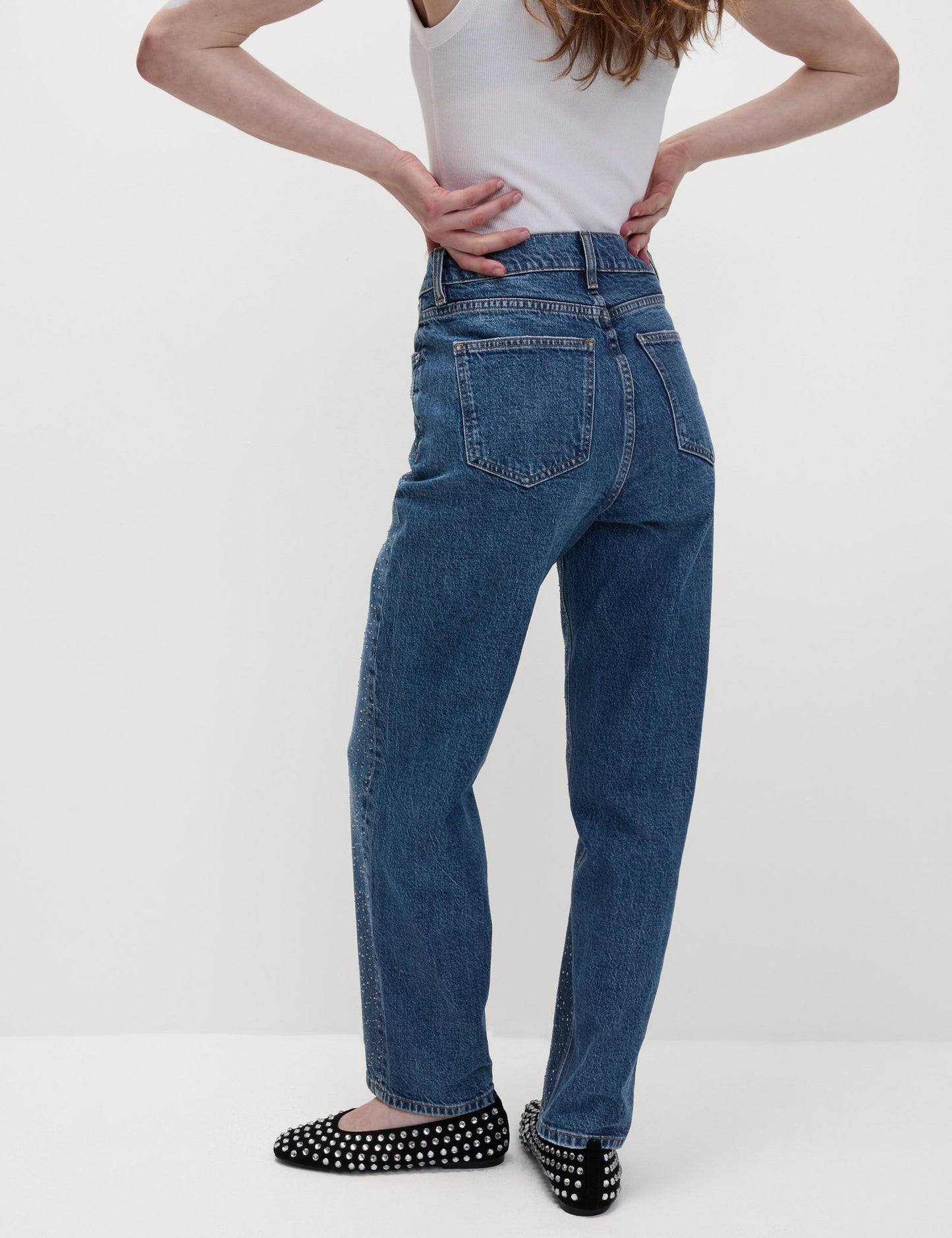 Işlemeli Yüksek Bel Straight Leg Jean Pantolon