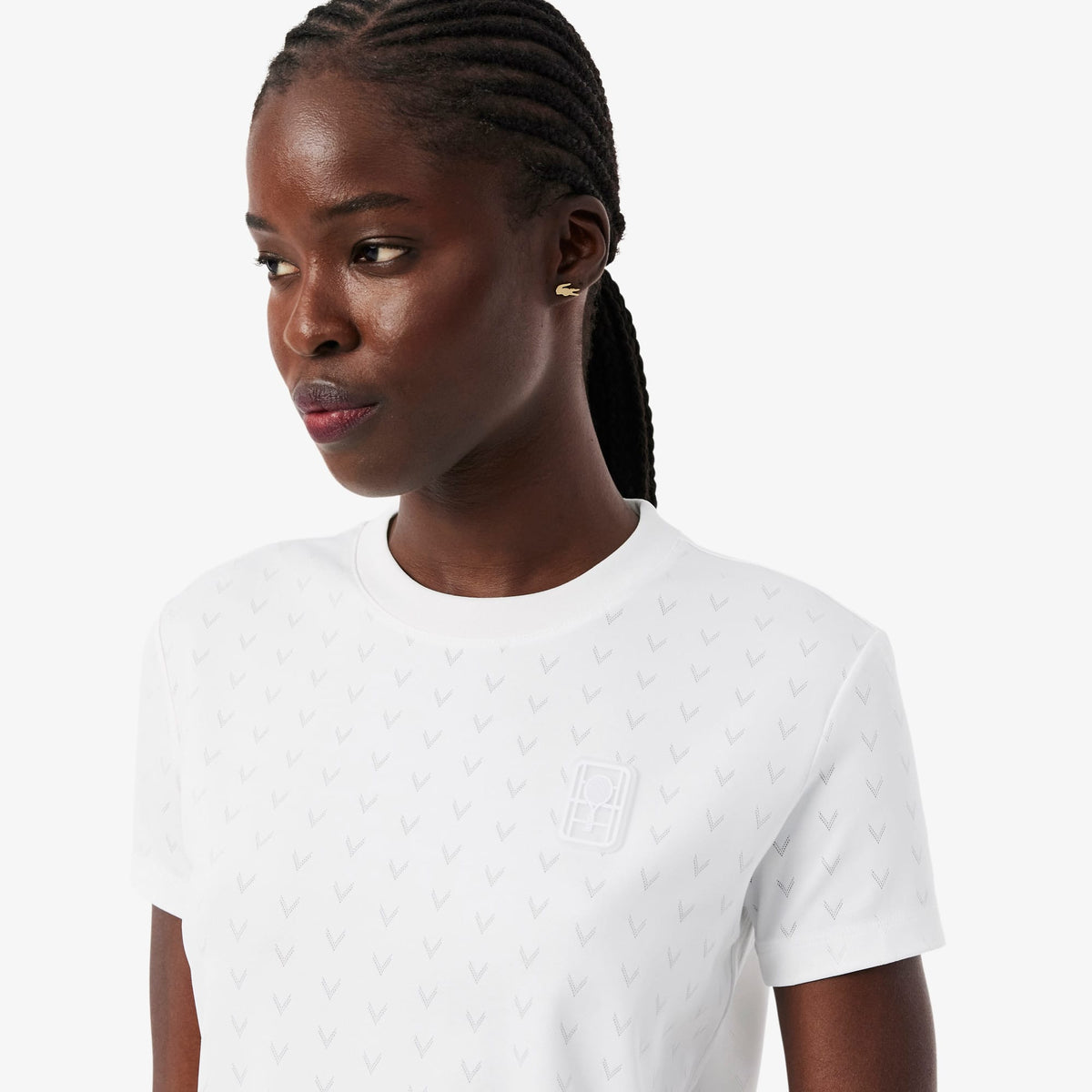 Lacoste Kadın Slim Fit Bisiklet Yaka Desenli Beyaz T-shirt