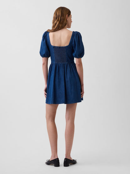 Mavi Denim Puff-sleeve Kalp Yaka Mini Elbise