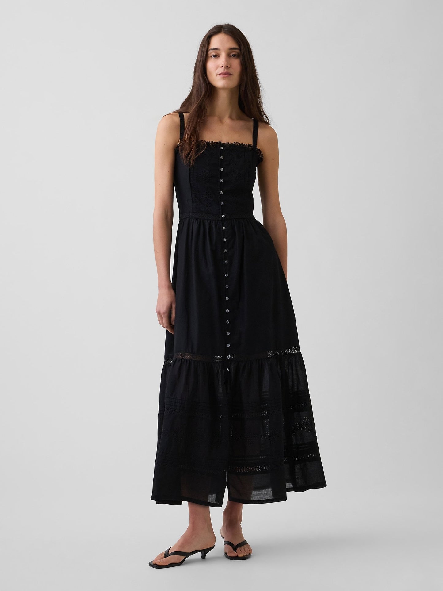 Siyah Eyelet Tiered Maxi Elbise